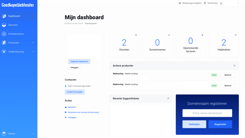 Goedkopewebhoster heeft een simpel controlepaneel