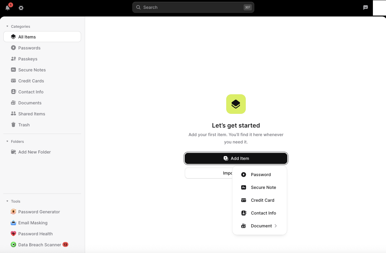 NordPass dashboard wachtwoord aanmaken