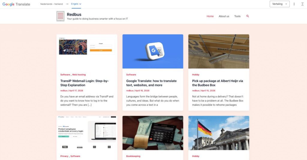 Volledig vertaalde website van Redbus.nl via Google Translate, weergegeven in het Engels met de Google Translate-balk bovenaan