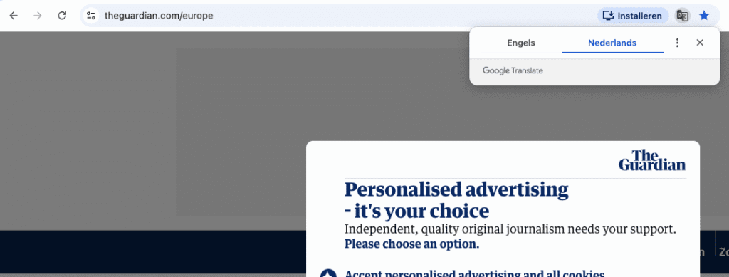Google Translate vertaalbalk in Google Chrome bij het bezoeken van de Guardian website in het Engels