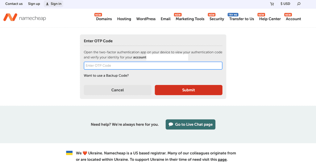 Namecheap OTP tweestapsverificatie inlogscherm met authenticatorcode invoerveld