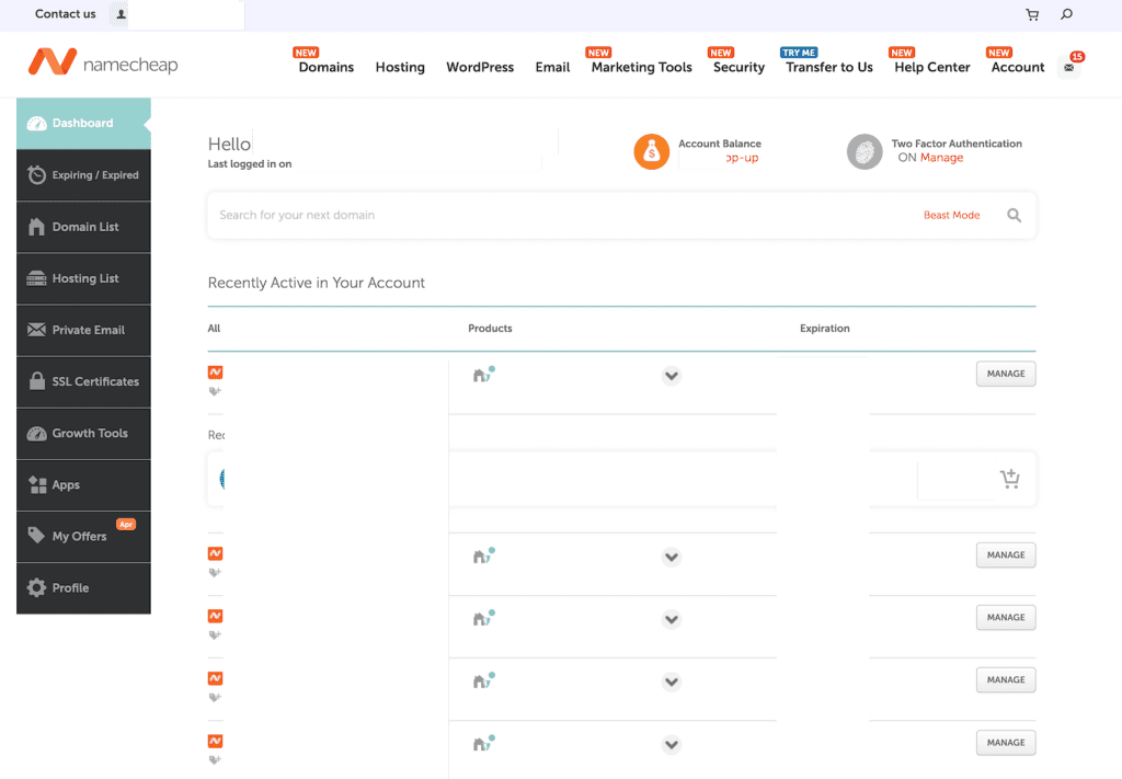 Namecheap accountdashboard met recent actieve domeinen en accountoverzicht