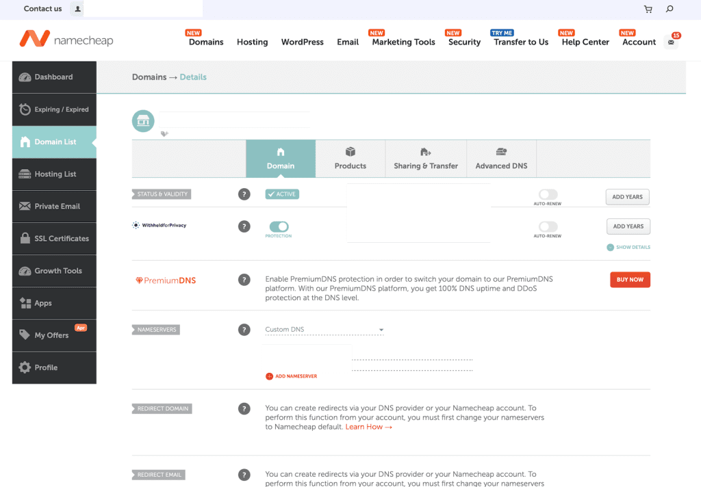 Namecheap domeindetailpagina met DNS-instellingen, nameservers, WhoisGuard privacybescherming en omleidingsopties