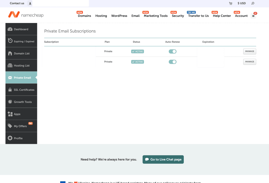 Namecheap Private Email abonnementenpagina met twee actieve Private-abonnementen en automatische verlenging ingeschakeld