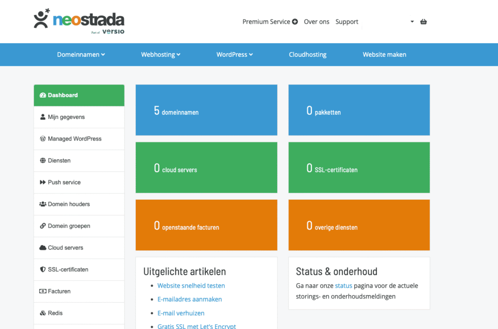 Neostrada dashboard overzicht met domeinnamen, pakketten, cloud servers en SSL-certificaten