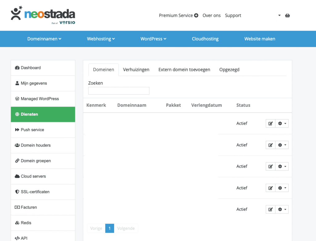 Neostrada domein dashboard met overzicht van alle geregistreerde domeinnamen en hun status