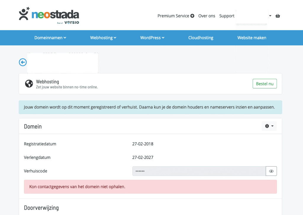 Neostrada domein detailpagina met registratiedatum, verlengdatum en verhuiscode