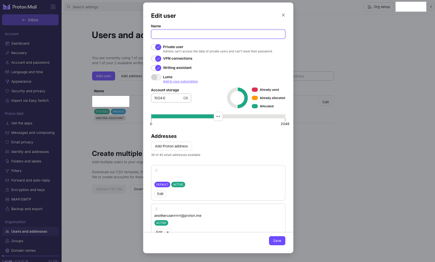 Proton Business opslagruimte en functies per gebruiker instellen