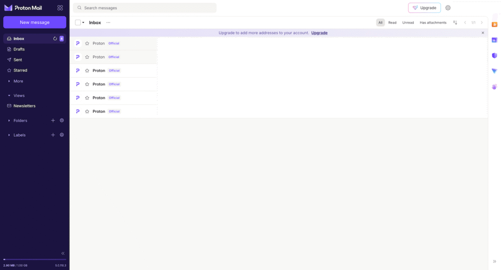 De Proton Mail inbox na het inloggen, met een overzicht van ontvangen berichten van Proton en het navigatiemenu aan de linkerkant