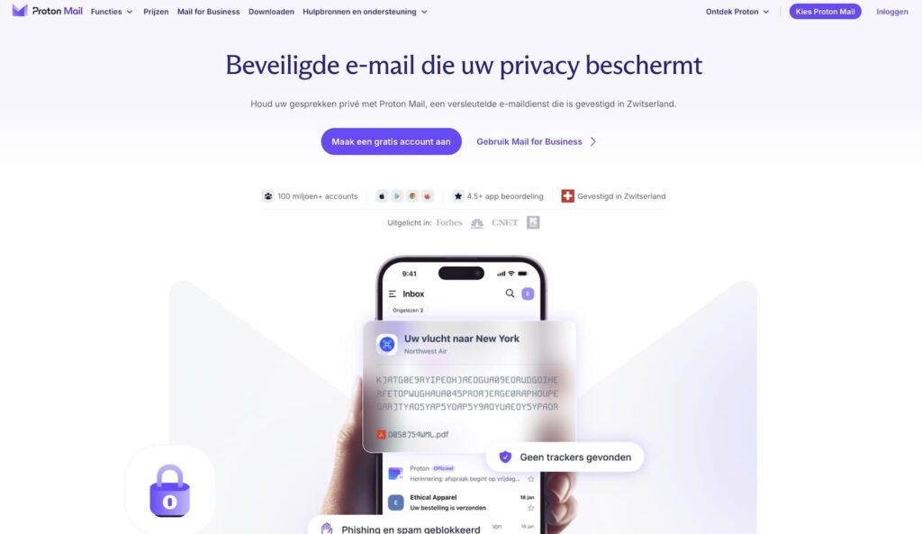 De Proton Mail website met de inlogknop rechtsboven in de navigatiebalk