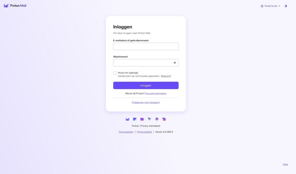 Het Proton Mail inlogscherm met velden voor e-mailadres en wachtwoord, en de optie om ingelogd te blijven