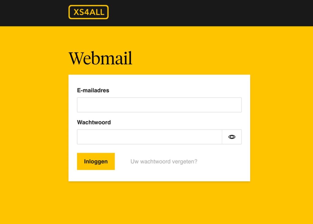 Inlogpagina van XS4ALL Webmail met velden voor e-mailadres en wachtwoord