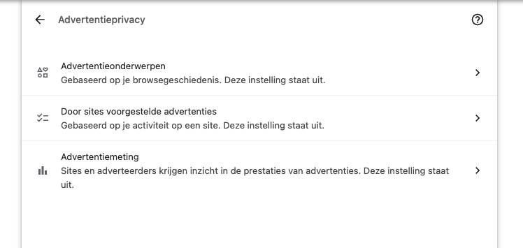 Chrome advertentieprivacy-instellingen met uitgeschakelde opties voor advertentieonderwerpen, door sites voorgestelde advertenties en advertentiemeting