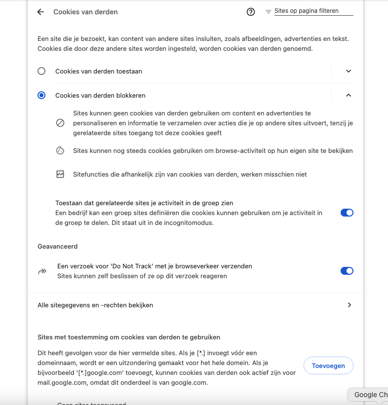 Chrome instelling voor het blokkeren van cookies van derden, met de optie 'Cookies van derden blokkeren' ingeschakeld