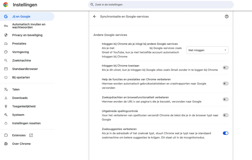 Chrome instellingen voor synchronisatie en Google-services, met uitgeschakelde opties voor gegevensdeling
