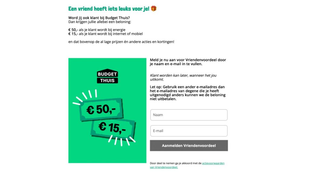 Budget Thuis Vriendenvoordeel actie met €50 korting op energie en €15 korting op internet of mobiel