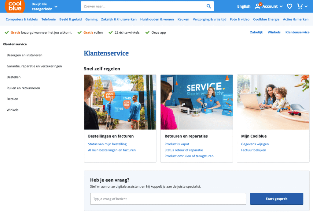 Overzicht van de Coolblue klantenservice pagina met opties voor bestellingen, retouren en Mijn Coolblue account