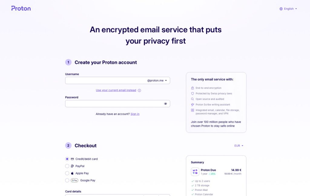 Proton Duo aanmeldpagina met opties voor accountaanmaak en betaling via PayPal en creditcard