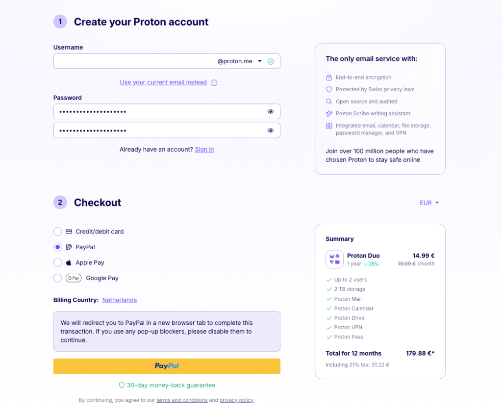 Proton Duo afrekenpagina met PayPal geselecteerd en overzicht van €14,99 per maand