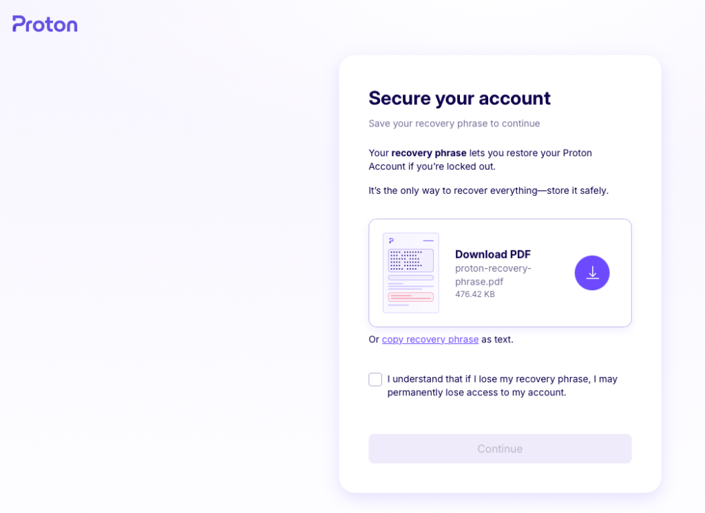 Proton pagina voor accountbeveiliging met verzoek om herstelzin als pdf op te slaan