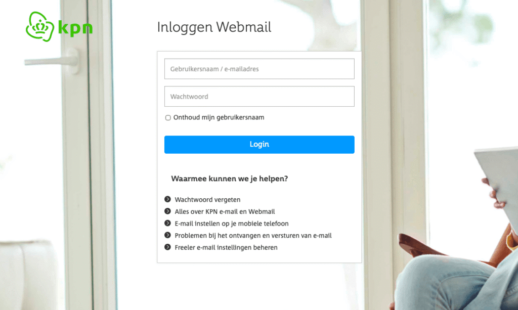 KPN Webmail inlogpagina met gebruikersnaam en wachtwoord velden