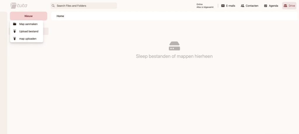 Het Nieuw-menu in Tuta Drive met opties voor map aanmaken, bestand uploaden en map uploaden
