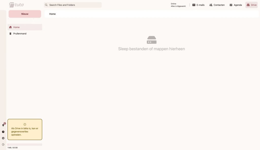 Overzicht van Tuta Drive met de Home-weergave en een lege map klaar voor gebruik