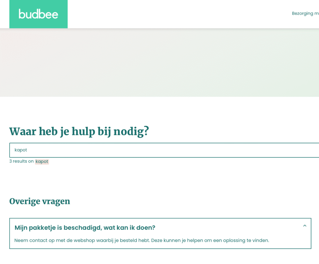 Budbee helpcentrum met zoekopdracht 'kapot' - slechts 3 resultaten en geen oplossing voor verkopers