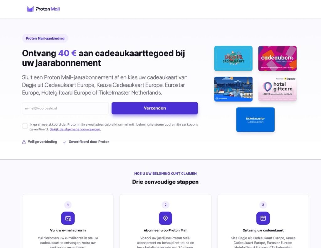 Proton mail jaarabo met gratis giftcard