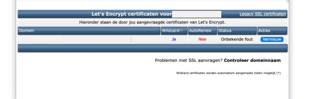 DirectAdmin toont 'Onbekende fout' bij een verlopen Let's Encrypt SSL-certificaat via Vimexx