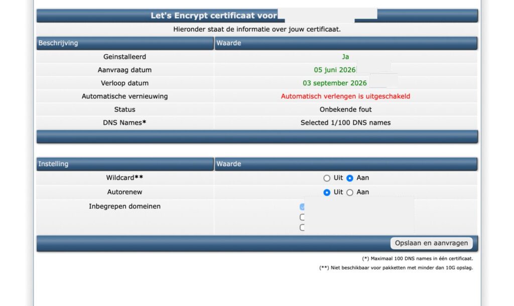 Detailpagina van een Let's Encrypt certificaat in DirectAdmin met status 'Onbekende fout', automatische verlenging uitgeschakeld en wildcard ingeschakeld
