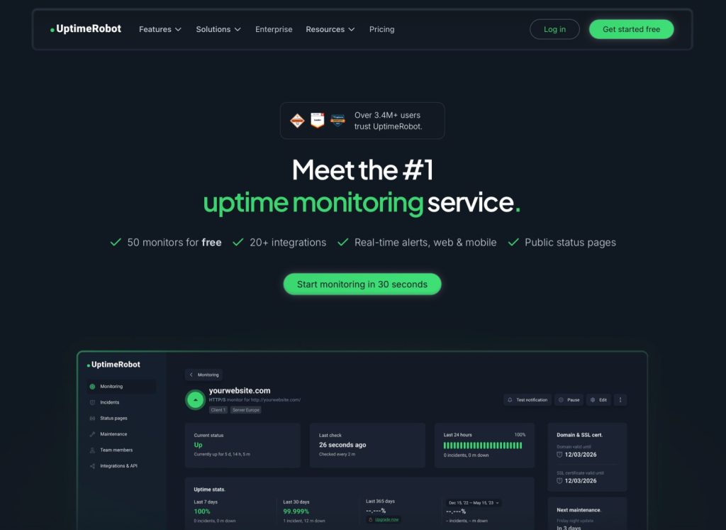 Homepage van UptimeRobot met 50 gratis monitors en realtime meldingen