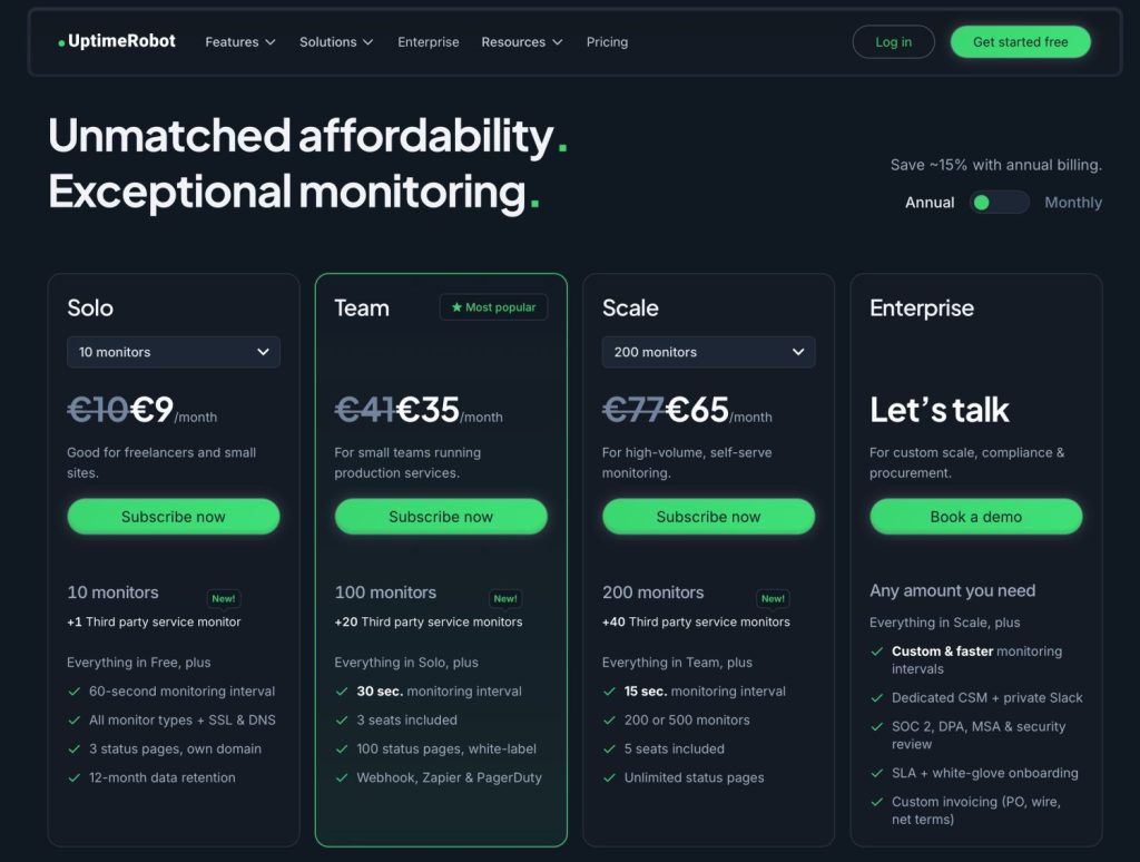 Prijspagina van UptimeRobot met Solo voor €9 per maand, Team voor €35 per maand, Scale voor €65 per maand en Enterprise